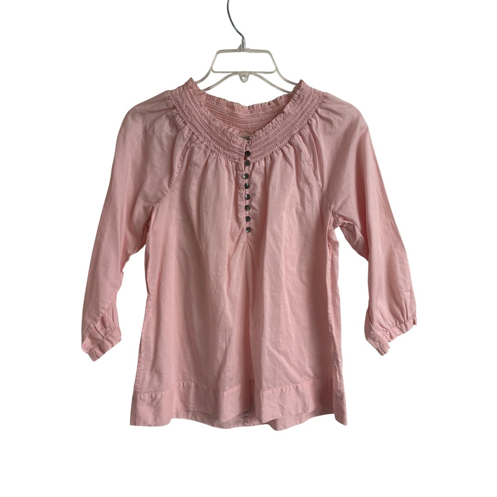J. Jill Womens Light Pink Smocked Neck 100% Cotton 3/4 Sleeve Blouse XS Peasant